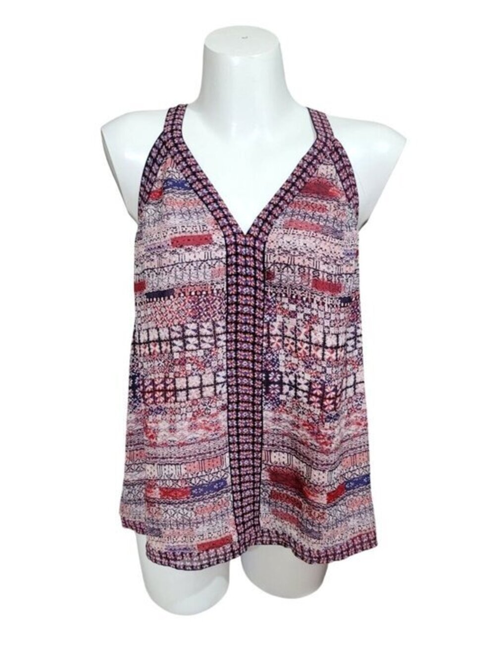 Joie Silk Boho Sleeveless V-Neck Top Red Blue L